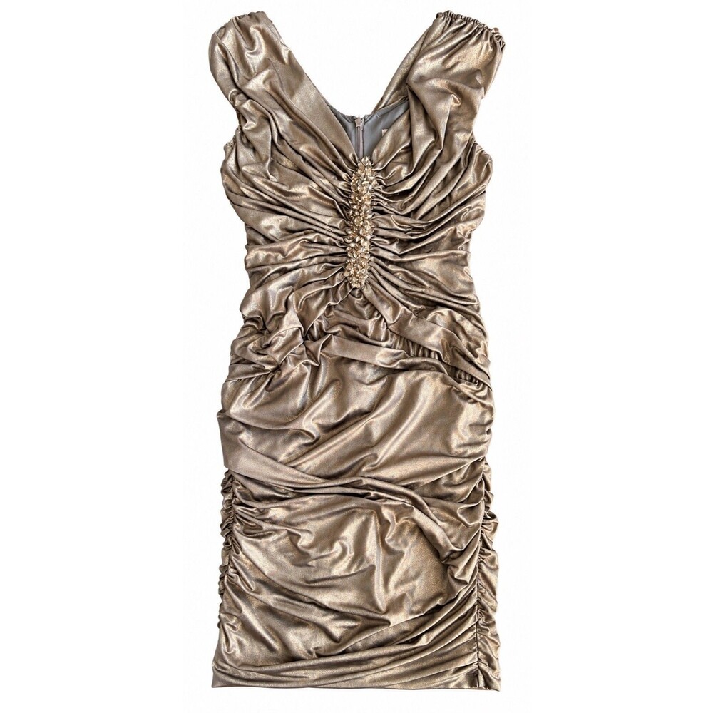 Caché Metallic Champagne Ruched Rhinestone Dress Size S